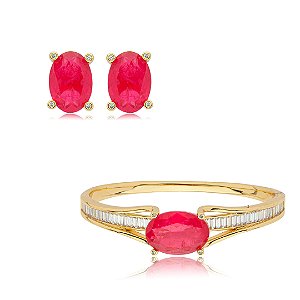 Conjunto de brinco e bracelete cravejado de zirconia e pedra fusion banho em ouro 18k