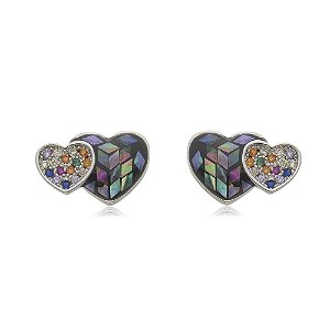 Brinco de coração com pedra abalone cravejado de zircônia colorida banho em ródio branco