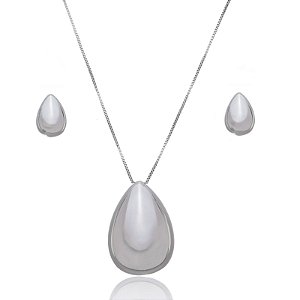 Conjunto de Brinco e Colar Liso em Ródio Branco