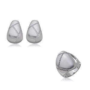 Conjunto brinco e anel acetinado banho em rodio branco