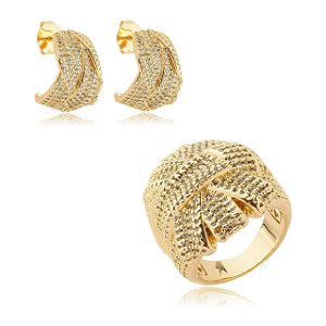 Conjunto de brinco e anel cravejado banho em ouro 18K