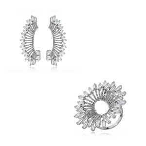 Conjunto Brinco e Anel Cravejado com Zirconia banho em ródio branco