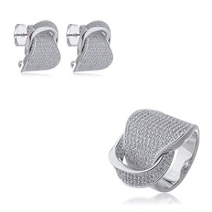 Conjunto de brinco e anel cravejado com zirconia banho em rodio branco