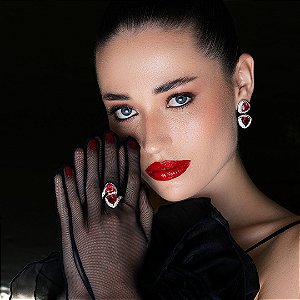 Conjunto de brinco e anel cravejado com zirconia rubi banho em ródio branco
