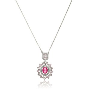 Colar com pingente cravejado zirconia pink banho em ródio branco