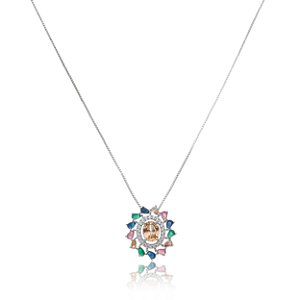 Colar com pingente cravejado de zirconia rainbow banho em rodio branco
