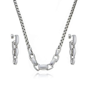 Conjunto de brinco e colar acetinado liso banho rodio branco