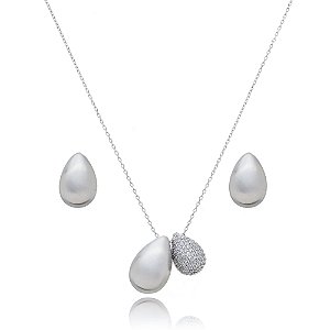 Conjunto brinco e colar acetinado pingente cravejado banho em Ródio Branco