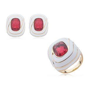 Conjunto de brinco e anel esmaltado com zirconia banho em ouro 18K
