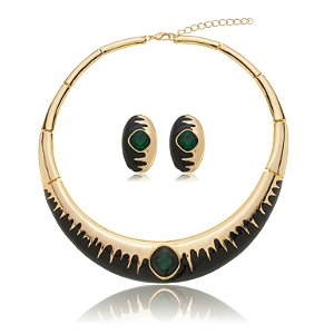Conjunto de brinco e aro cravejado de zirconia esmaltado banho em Ouro 18K