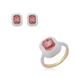 Conjunto de brinco e anel esmaltado com zirconia banho em Ouro 18K