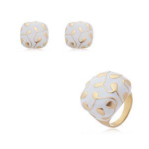 Conjunto de brinco e anel esmaltado com zirconia banho em Ouro 18K