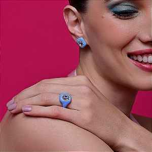 Conjunto de brinco e anel esmaltado com zirconia banho em Ouro 18K