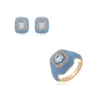 Conjunto de brinco e anel esmaltado com zirconia banho em Ouro 18K