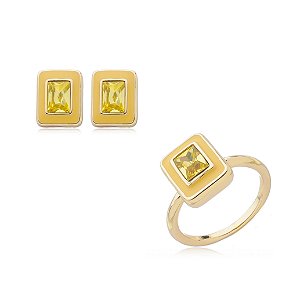Conjunto de brinco e anel esmaltado com zirconia banho em Ouro 18K
