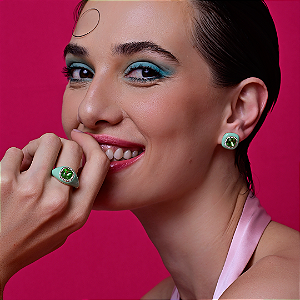 Conjunto de brinco e anel esmaltado com zirconia banho em Ouro 18K