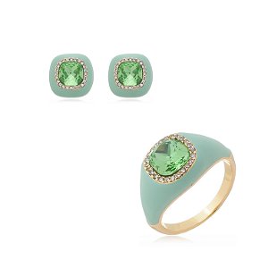 Conjunto de brinco e anel esmaltado com zirconia banho em Ouro 18K