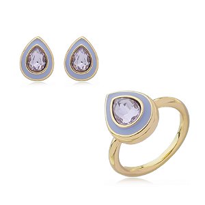 Conjunto de brinco e anel esmaltado com zirconia banho em Ouro 18K