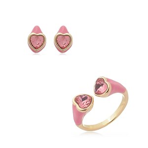 Conjunto de brinco e anel esmaltado com zirconia banho em Ouro 18K