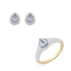 Conjunto de brinco e anel esmaltado com zirconia banho em Ouro 18K