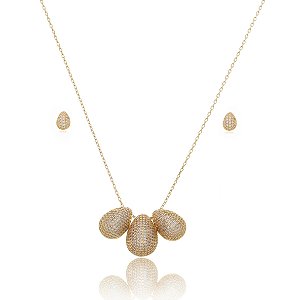 Conjunto de brinco e colar com pingente cravejado banho em Ouro 18K