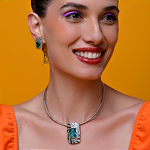 Conjunto de brinco e aro com zirconia turquesa banho em rodio Branco