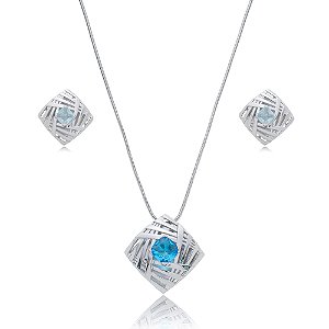 Conjunto de brinco e colar cravejado de zirconia turquesa banho em rodio branco
