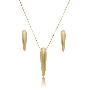 Conjunto de brinco e colar liso acetinado banho em Ouro 18K
