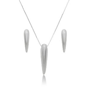 Conjunto de brinco e colar liso acetinado banho em rodio branco