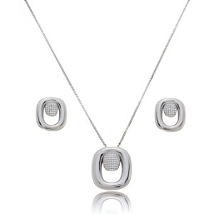 Conjunto de brinco e colar de zirconia banho em rodio branco