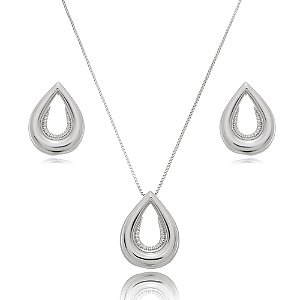 Conjunto de brinco e colar de zirconia banho em rodio branco