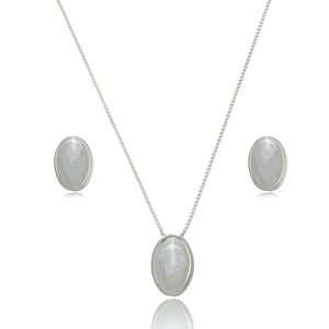 Conjunto de brinco e colar liso banho em rodio branco