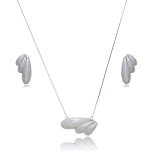 Conjunto de brinco e colar liso banho em rodio branco
