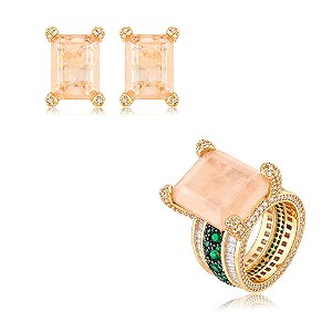 Conjunto de brinco e anel com zircônia morganita banho em ouro 18k