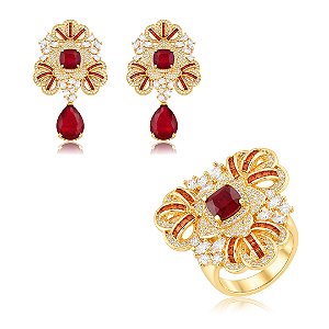 Conjunto luxo de brinco e anel cravejado de zircônia cristal e pedra fusion rubi banho em ouro 18k