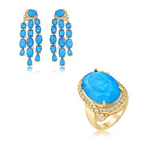 Conjunto de brinco e anel cravejado com pedra Fusion safira banho em ouro 18k