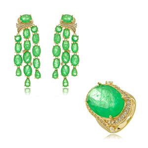 Conjunto de brinco e anel com zirconia esmeralda banho em ouro 18k