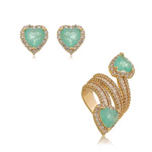 Conjunto de brinco e anel de coração cravejado de zircônia e pedra fusion turmalina banho em ouro 18k