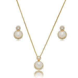 Conjunto de brinco e colar de perola com zirconia cristal banho em ouro 18k