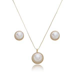 Conjunto de brinco e colar de perola com zirconia cristal banho em ouro 18k