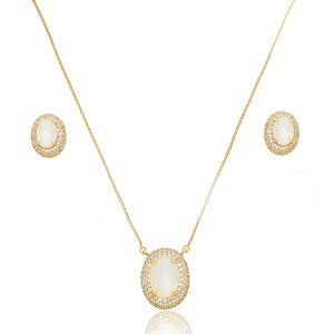 Conjunto de brinco e colar de perola com zirconia cristal banho em ouro 18k