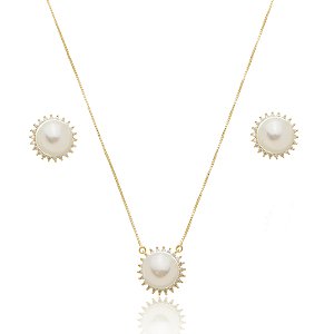 Conjunto de brinco e colar de perola com zirconia cristal banho em ouro 18k