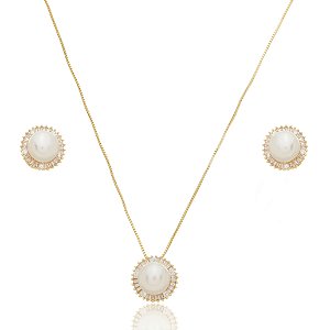 Conjunto de brinco e colar de perola com zirconia cristal banho em ouro 18k