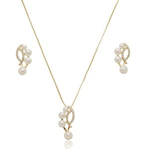 Conjunto de brinco e colar de perola com zirconia cristal banho em ouro 18k