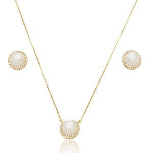 Conjunto de brinco e colar de perola com zirconia cristal banho em ouro 18k