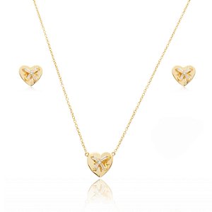 Conjunto de brinco e colar de coração cravejado de zirconia cristal banho em ouro 18k