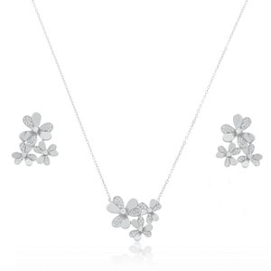 Conjunto de brinco e colar cravejado de zirconia cristal banho em rodio branco