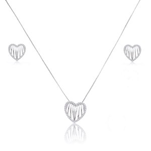 Conjunto de brinco e colar de coração com zirconia cristal banho em rodio branco