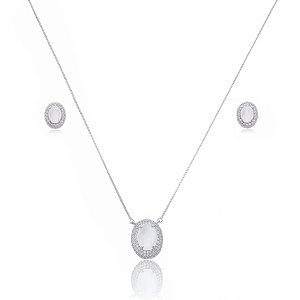 Conjunto de brinco e colar de perola com zirconia cristal banho em rodio branco