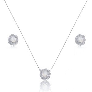 Conjunto de brinco e colar de perola com zirconia cristal banho em rodio branco